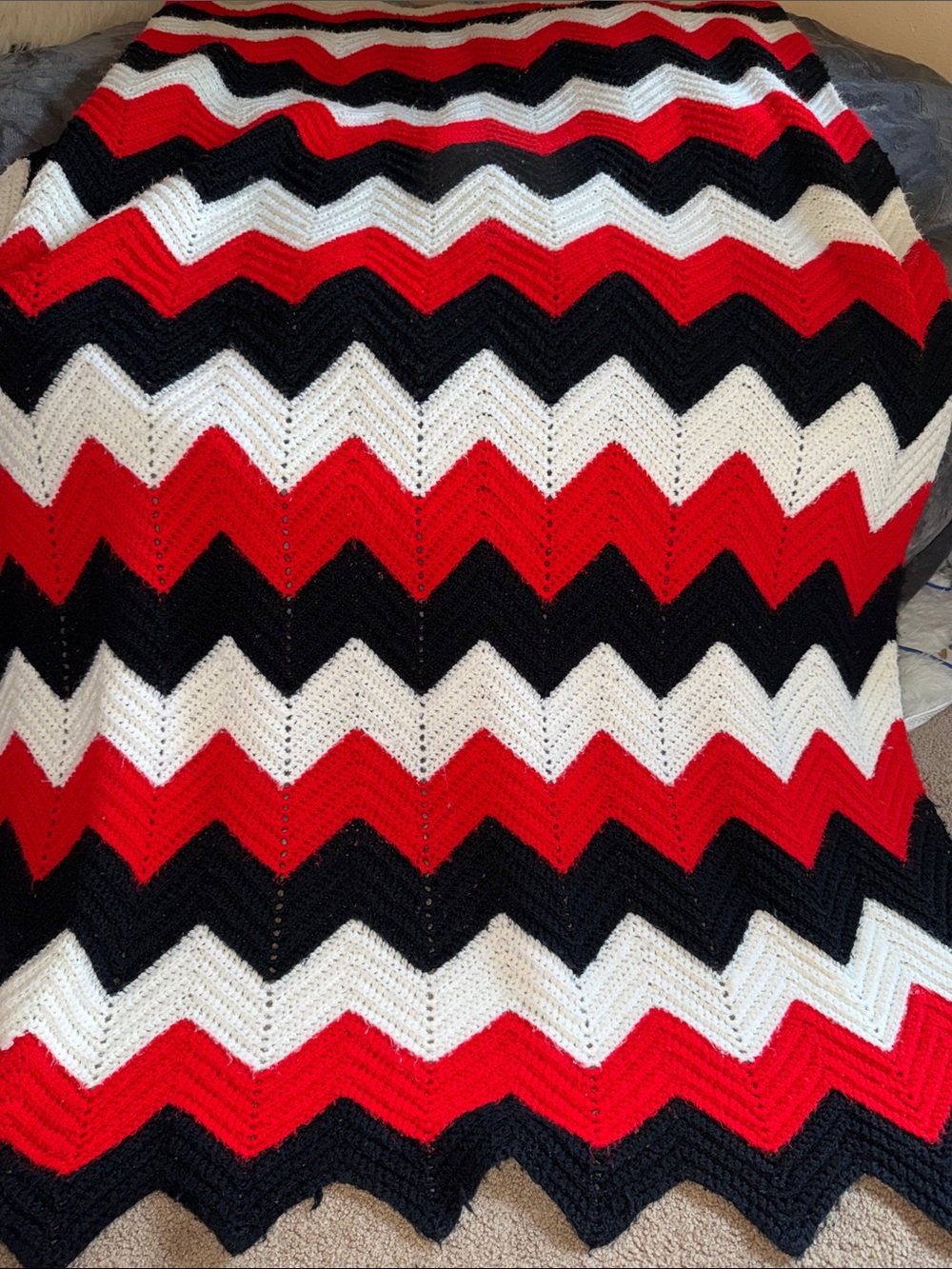 Hand Crafted Red Black White Chevron Crochet Throw Blanket